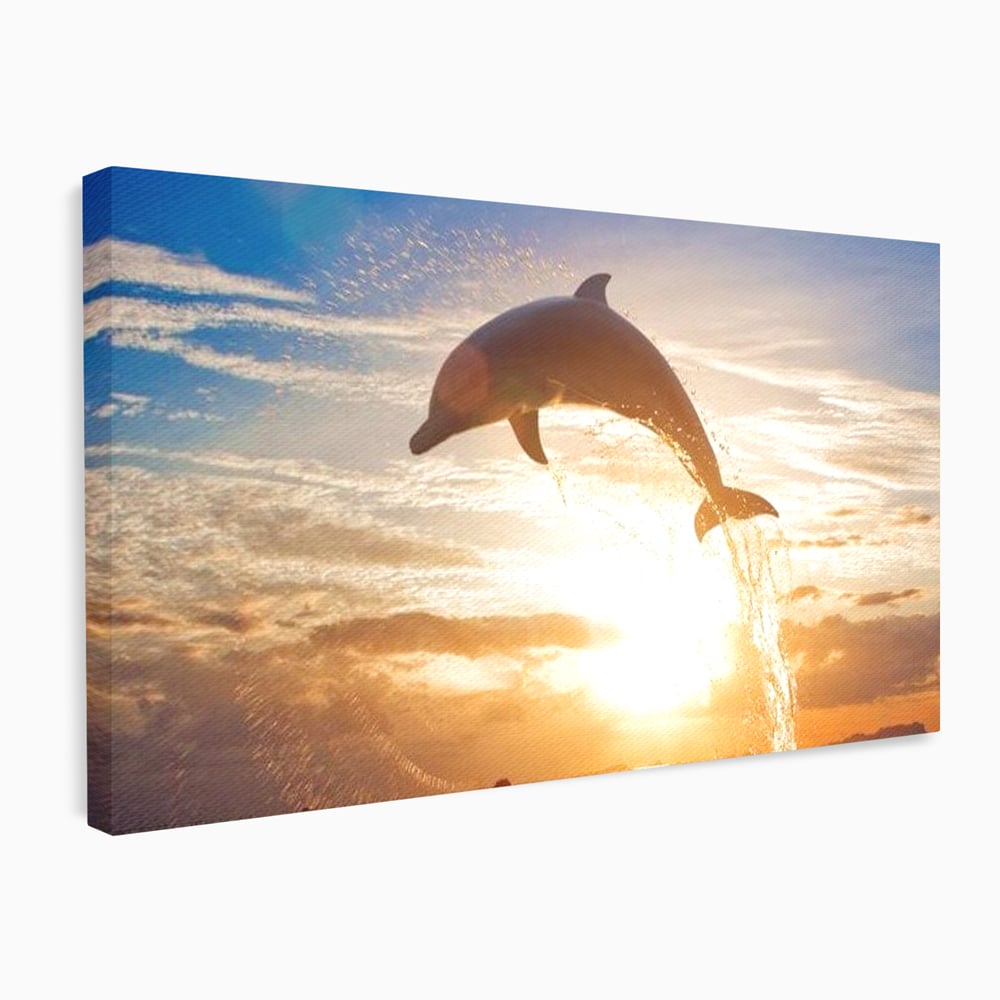 Tablou canvas cu delfin care sare la apus, fara rama, pe sasiu de lemn
